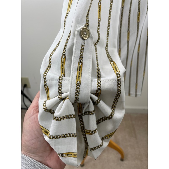 Michael Kors Women's White Chain Print Quarter Zip Long Sleeve Blouse Top M‎ - Picture 4 of 10